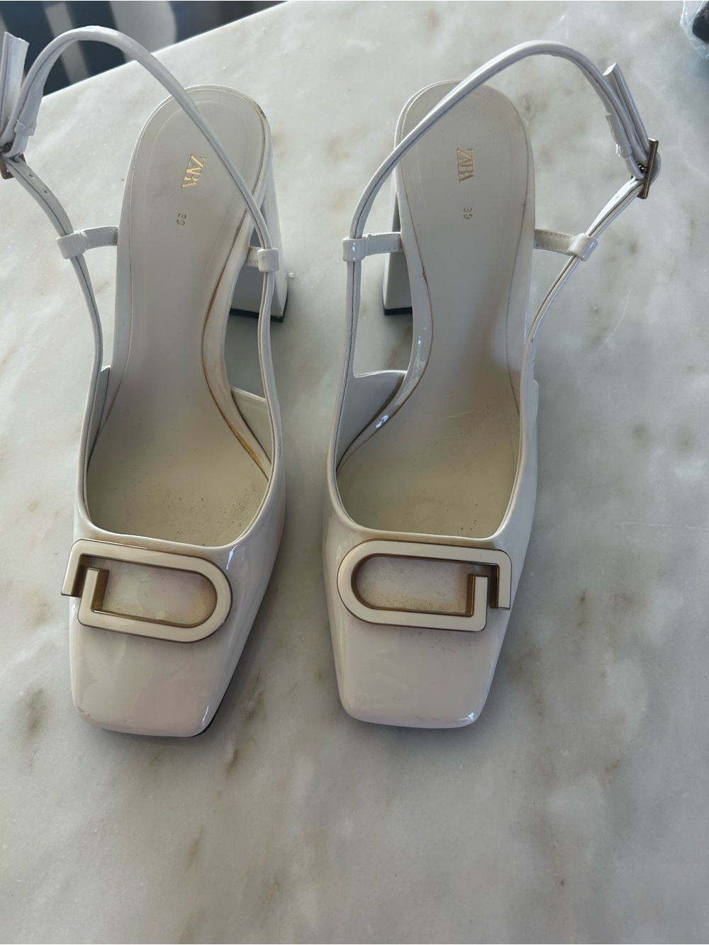 Zara White Patent Slingback Pumps with Gold Accent